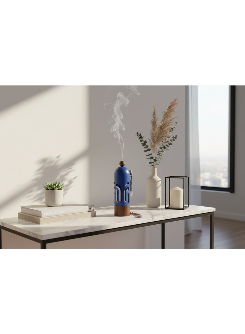 أي كي دي سي مبخرة AKDC بقاعدة خشبية وغطاء معدني، 28 سم × 8 سم × 8 سم، أزرق - Image 2